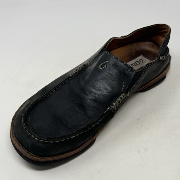 OluKai Moloa Shoes Mens 8 Black Leather Slip On Moc Toe Casual Loafers - Picture 7 of 16